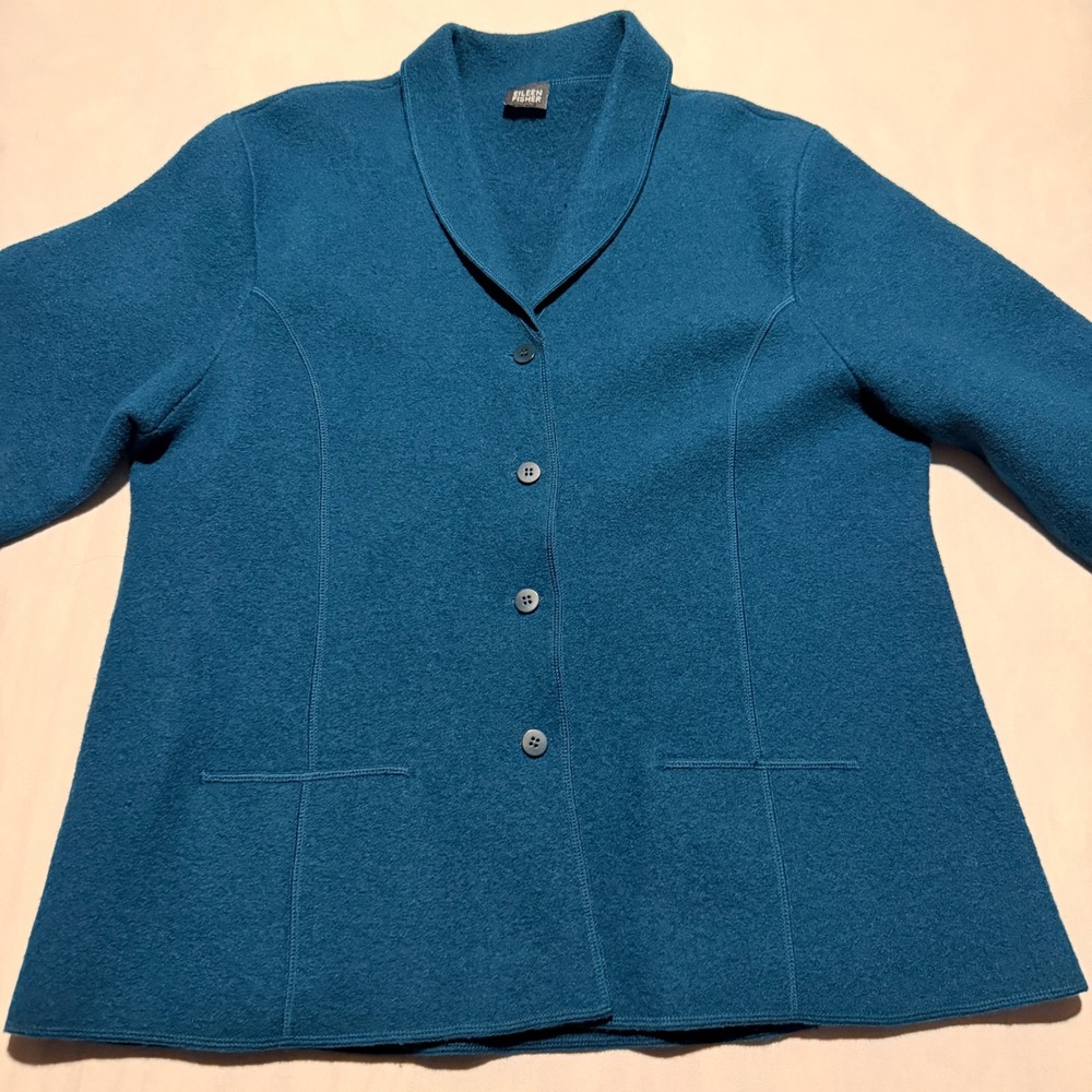 Eileen Fisher Boiled Wool Jacket Womens XL Teal Blue Shawl Collarโ Button Front